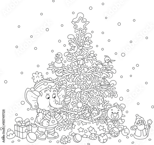 Cute little baby elephant with gifts and a Christmas tree decorated with holiday balls, toys, sweets and garlands, black and white vector cartoon illustration for a coloring book
