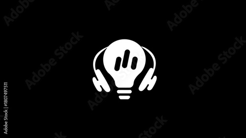 White light bulb icon with sound equalizer and headphones on black background