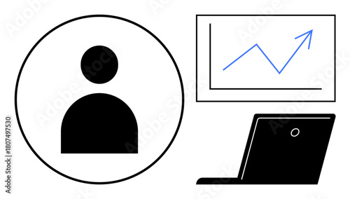 Circular user profile icon, line chart with arrow indicating growth, and open laptop. Ideal for digital marketing, online learning, business strategy, technology, remote work, user management data