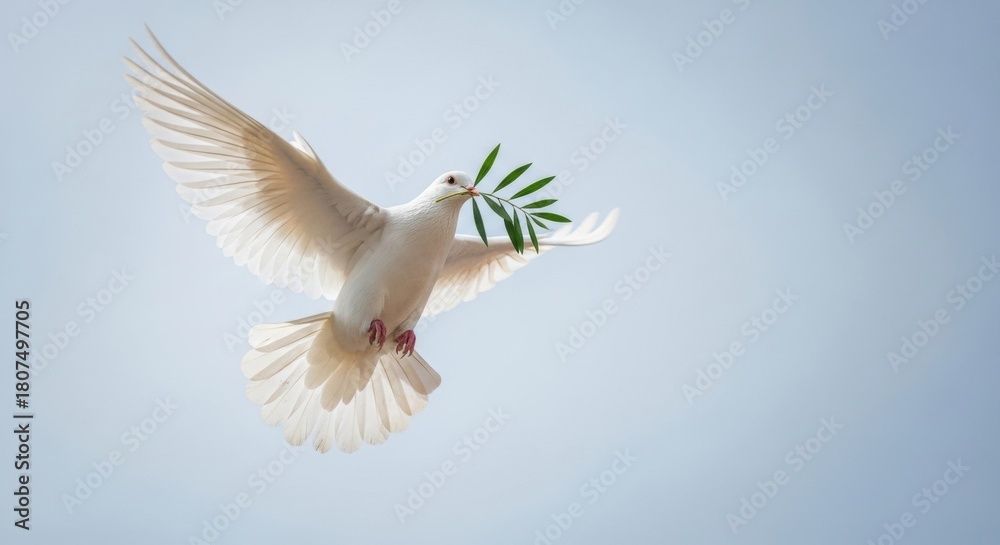 Fototapeta premium White Dove Flying with Green Olive Branch Symbol of Peace and Hope