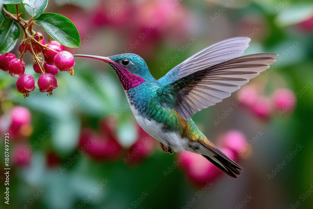 Obraz premium Hummingbird in Flight Feeding on Pink Berries