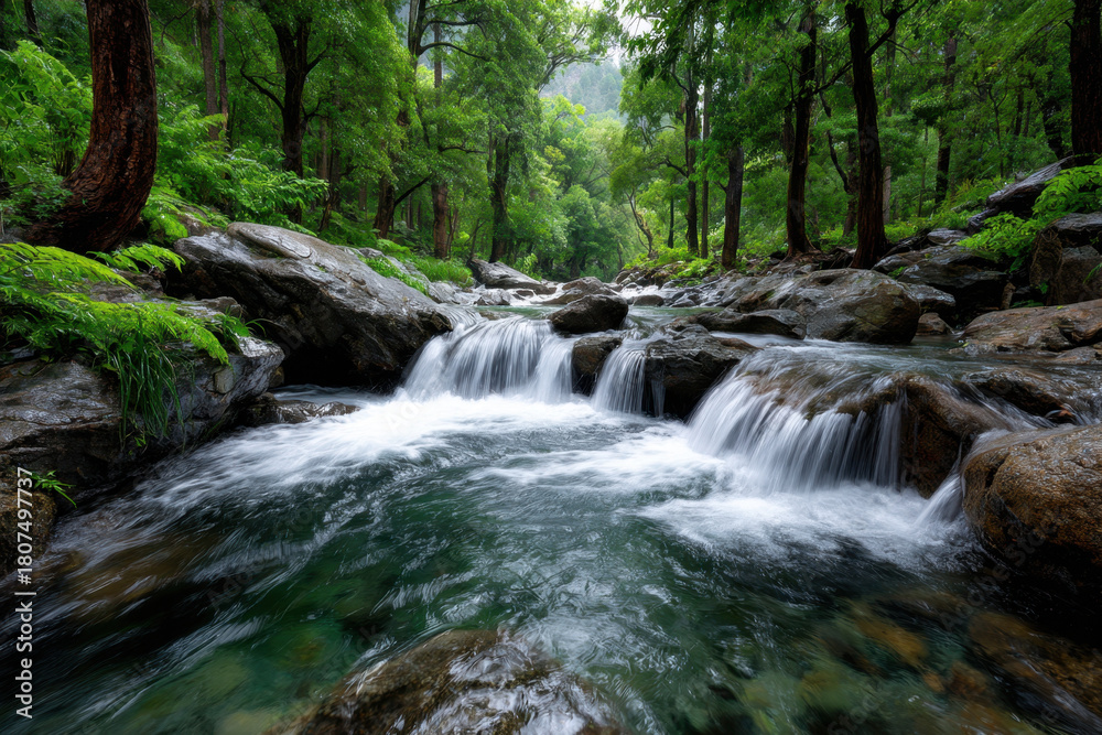 Fototapeta premium Tranquil Forest Stream with Cascading Waterfalls