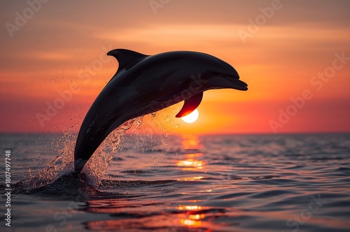 A dolphin jumps out of the water against the backdrop of a sunset.