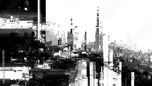 Monochrome abstract depiction of urban environment with glitch art elements