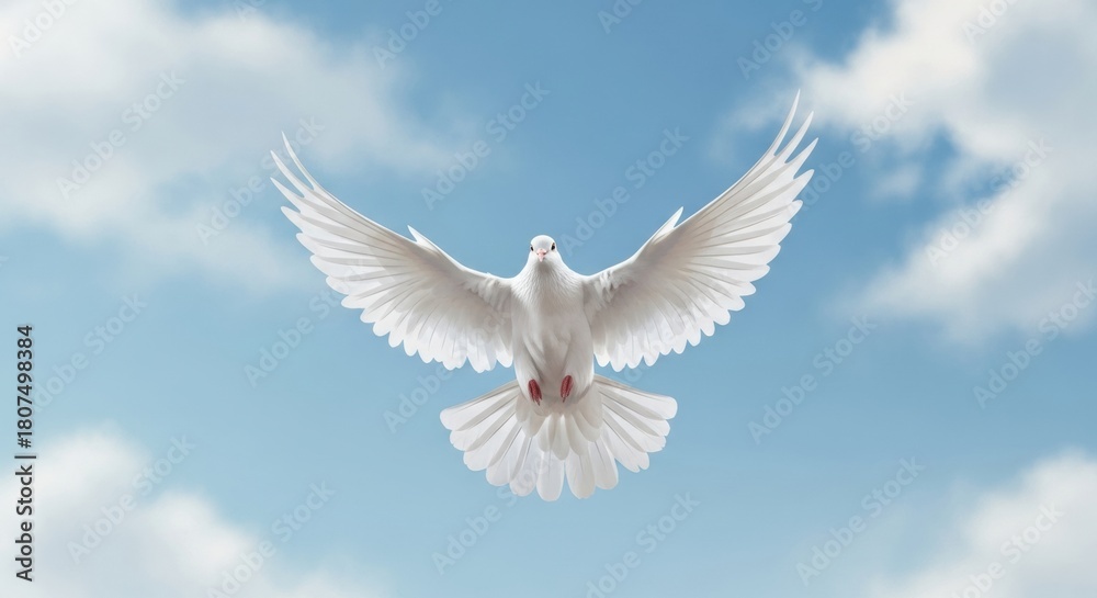Fototapeta premium Majestic White Dove Soaring in Cloudy Blue Sky