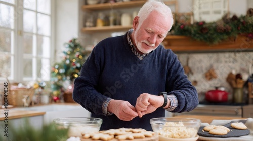 Senior man adjusts his fitness watch while baking cookies in a cozy kitchen decorated for Christmas