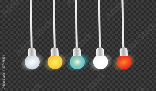 Row of colorful glowing light bulbs hanging on white cords against a dark background