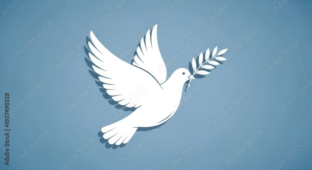 Obraz premium Minimalist White Dove Icon with Olive Branch on Blue