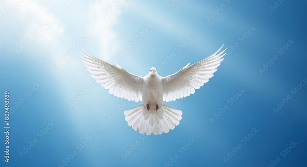 Obraz premium Holy Spirit White Dove Flying Towards Divine Light in Blue Sky