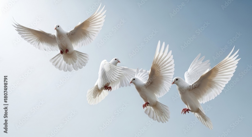 Obraz premium Three White Doves Soaring in Formation Against Blue Sky