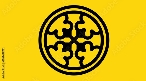 A yellow background with a black circular design composed of a central cross and ornate curves