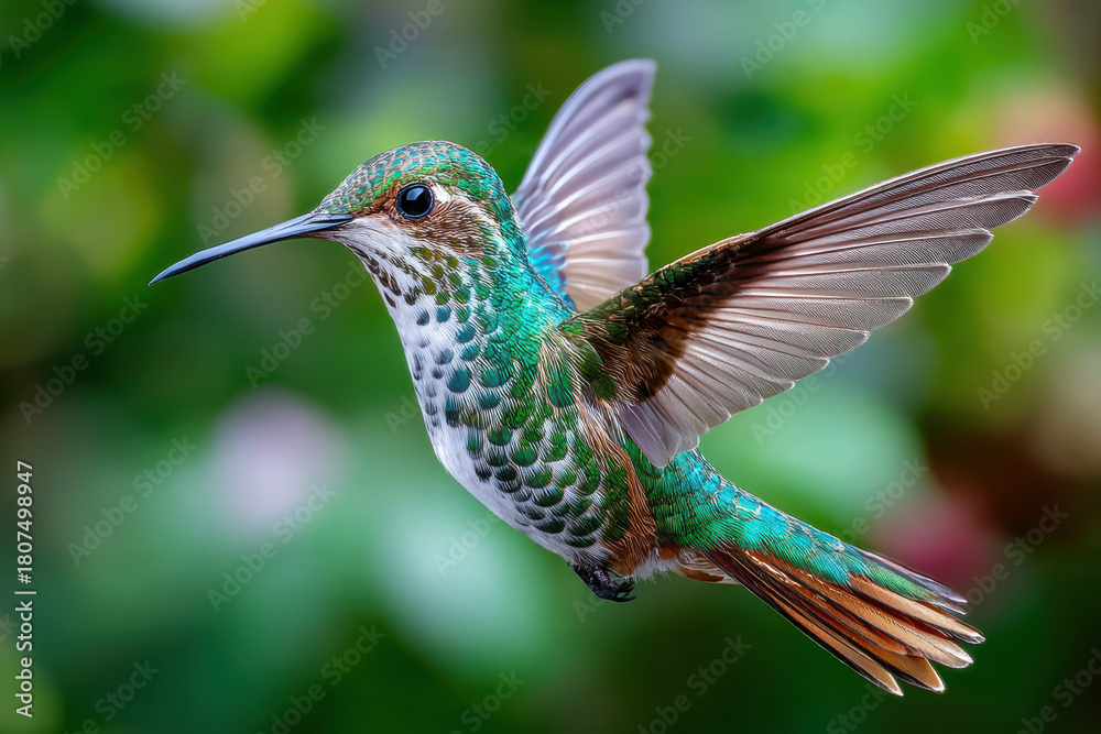 Obraz premium Green hummingbird hovering near colorful flowers in a lush garden setting