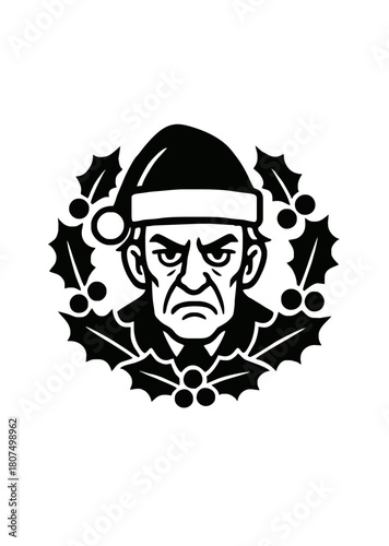 Grumpy elderly man in Santa hat surrounded by holly leaves in bold black and white illustration expressing humorous anti-holiday mood
