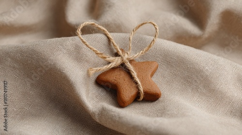 Gingerbread cookie tied with twine on neutral linen background, perfect for cozy holiday vibes