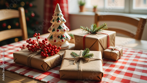 Rustic holiday gifts wrapped in kraft paper, adorned with festive pine branches and red berries, arranged on a cozy red and white checkered tablecloth, celebrating christmas traditions