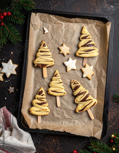 Christmas tree–shaped chocolate pastry pops on wooden sticks, baked on parchment with star cookies, festive holiday scene with warm lighting and rustic decor.