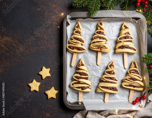 Christmas tree–shaped chocolate pastry pops on wooden sticks, baked on parchment with star cookies, festive holiday scene with warm lighting and rustic decor.