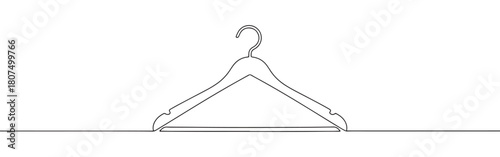 A continuous one-line drawing of a clothes hanger, ready to hold garments, against a clean white background