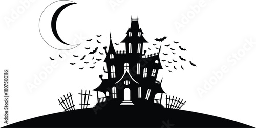 Spooky haunted mansion silhouette under crescent moon with flying bats and graveyard elements for halloween celebrations isolated on white background