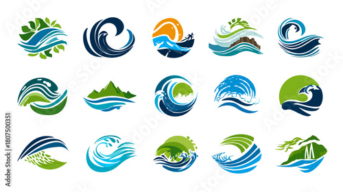 Various wave designs, some with foliage, earth, and suns, painted in green and blue