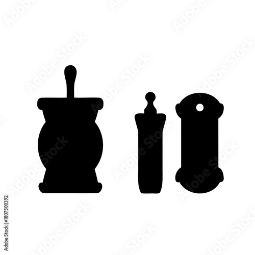 Vintage kitchen tools: mortar and pestle with spice jars Vector, illustration
