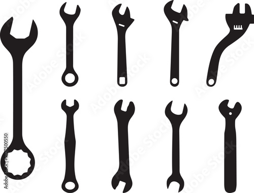 adjustable wrench silhouette, mechanical repair tool, construction gear icon, industrial tool shape, engineering hand equipment, black wrench icon, silhouette tool design, repair wrench type, 