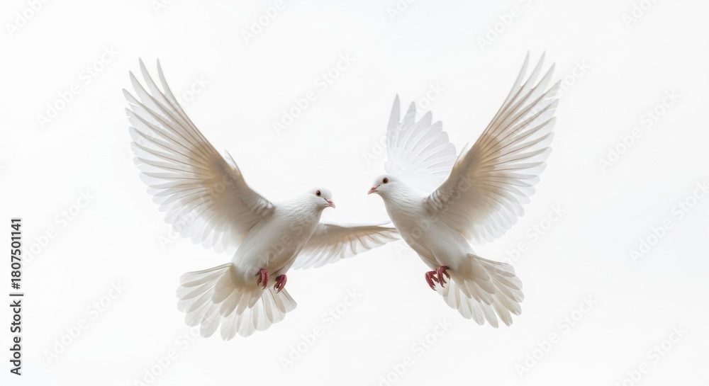 Obraz premium Two White Doves Flying Together Symbolizing Love and Unity