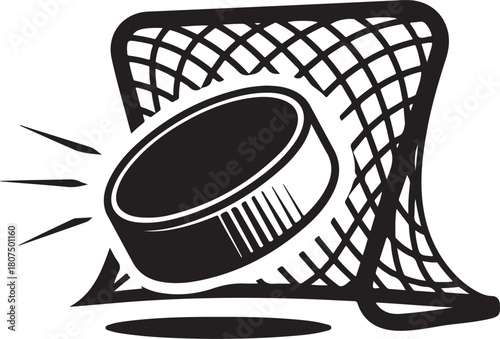 Bold silhouette of hockey puck impact on goal mesh