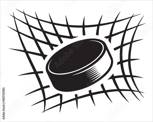 Hockey puck hitting goal net dynamic action illustration