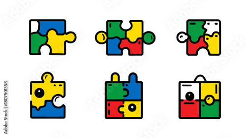 Six colorful puzzle pieces with varied shapes, lines, and geometric color filling