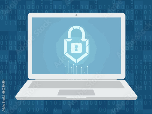 Digital Security Shield Over Laptop with Lock Icon for Data Protection and Cybersecurity Awareness