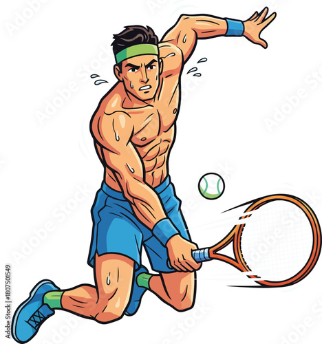 dynamic male tennis player in action hitting a volley with intense focus on a vibrant background
