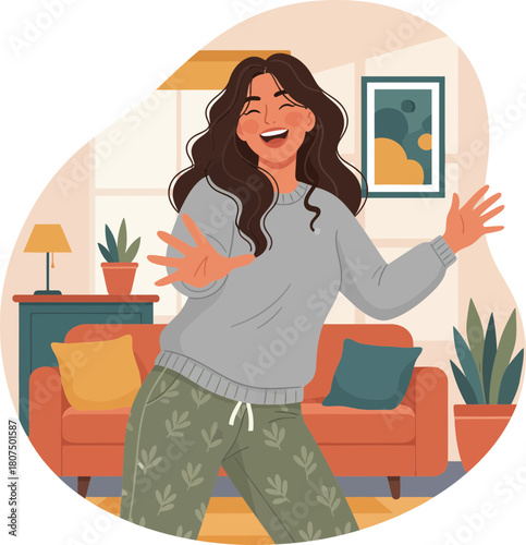 joyful woman dancing in cozy living room with vibrant decor and indoor plants