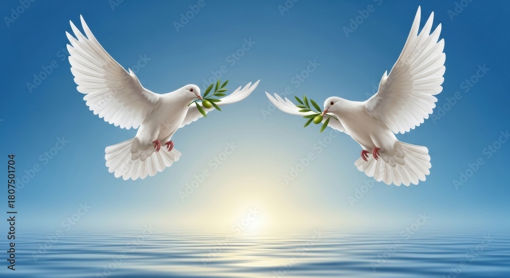 Obraz premium Two White Doves Carrying Olive Branches Flying Over Water