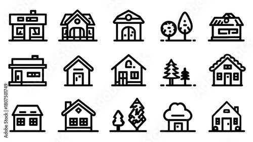 Collection of various minimalist house illustrations with accompanying tree and foliage icons