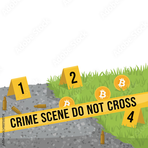 Suspicious Crime Scene Investigation with numbered evidence markers and bitcoin coins on grassy area on black background with caution tape