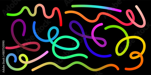 Colorful gradient squiggles and flowing line ribbons twist into abstract waves. Neon swirls and organic shapes bring energy to contemporary backgrounds and creative vector elements.