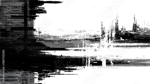 Abstract black and white landscape with city silhouette and water reflections