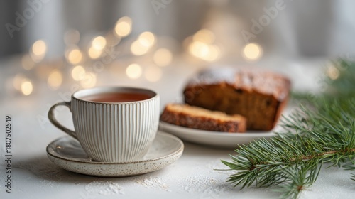 Slice of loaf cake on a plate with tea cup and pine branch surrounded by warm fairy lights