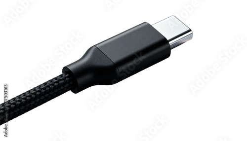 Close-up of a black USB- C connector and braided cable on a white background type-c