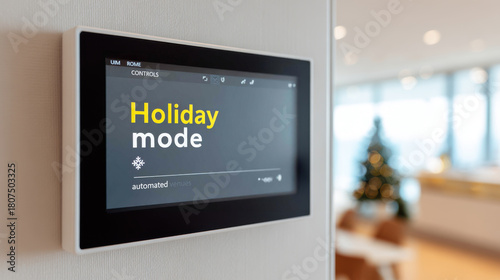 Smart home dashboard screen displays holiday mode in modern interior with festive atmosphere and diffused lighting