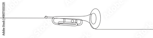 A continuous one-line drawing of a trumpet, capturing its classic musical instrument form against a white background
