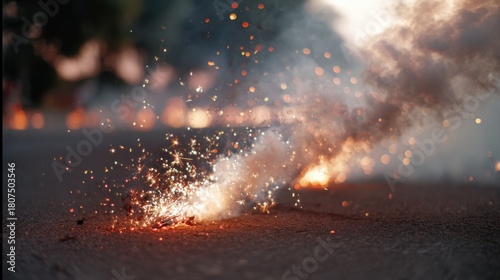 Fototapeta Naklejka Na Ścianę i Meble -  Colorful sparkles and smoke fill the warm evening street during a festive celebration with small fireworks
