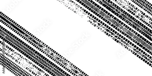 Automotive tire track grunge pattern diagonal design element isolated on white background
