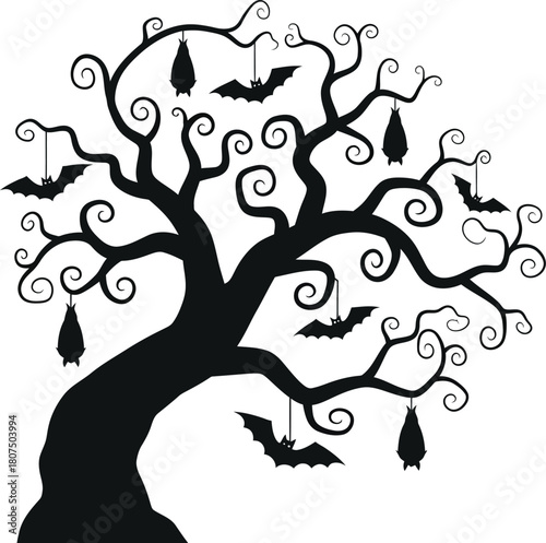 Spooky halloween silhouette tree with bats and ornaments festive autumn night design element for decorations and celebrations isolated on white background