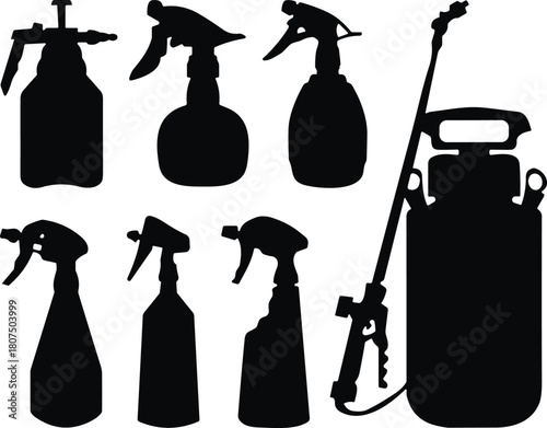 Spray bottles, silhouette icons, pump sprayer, cleaning tools, gardening equipment, household supplies, nozzle design, chemical container, sprayer shapes, utility gear