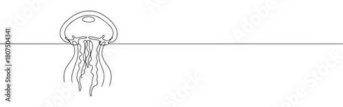 A continuous one-line drawing of a jellyfish, showcasing its bell and flowing tentacles, against a clean white background