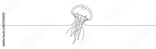 A continuous one-line drawing of a jellyfish, showcasing its bell and flowing tentacles, against a clean white background