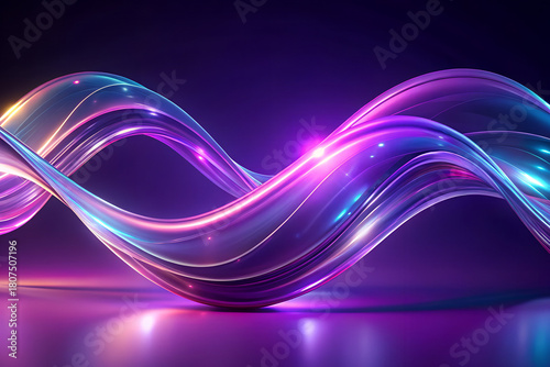 3d abstract liquid glass transparent ribbon wave line on dark purple background. Render gradient water tape, fluid flow curve shape with flare and light refraction on neon purple bg. 3D illustration 