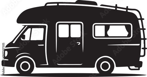 Camper van motorhome silhouette illustration showing travel vehicle in bold minimal style representing road trip, camping, and adventure lifestyle